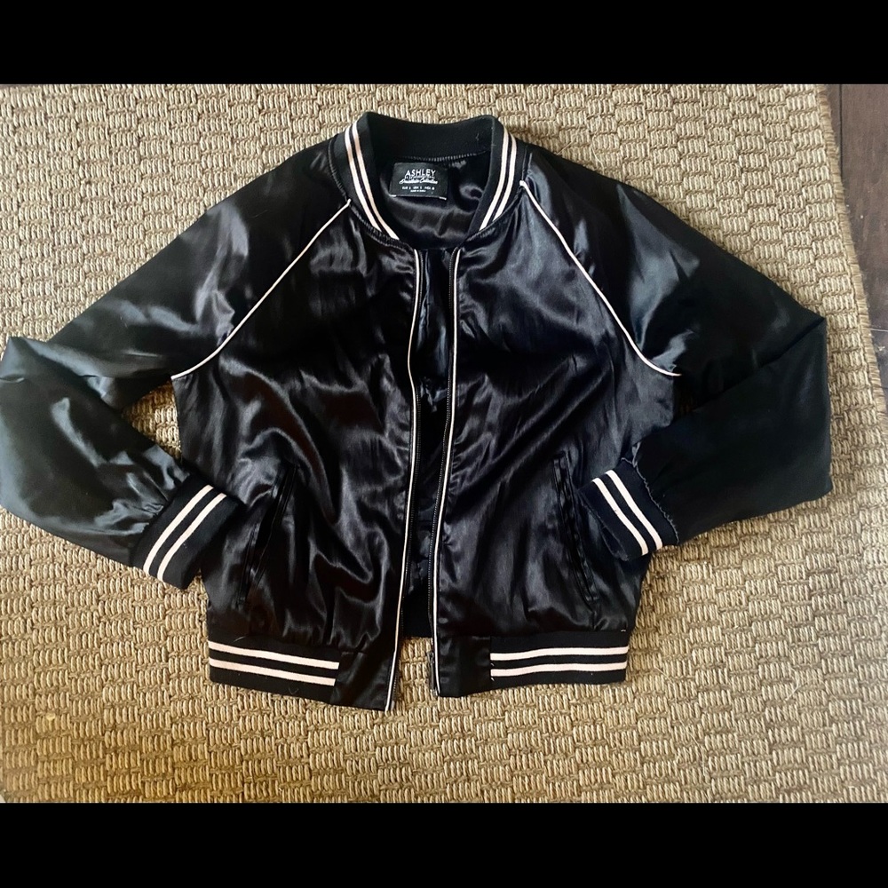 Black satin bomber jacket w cream tick stripe